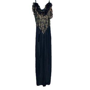 Vintage 80s‎ Especially Yours Plus 3X Black Gold Feather Lace Maxi Slip Dress